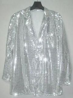 Cabaret Disco Fancy Party Dance Singer Glitter Sequin Jacket Silver