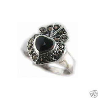 Heart Claddagh Inlay Marcasite Ring Black Onyx 925 Sterling Silver