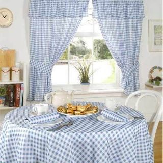 Molly Gingham Check Kitchen Pencil Pleat Curtains, Blue, 46 x 48 Inch