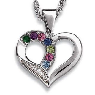 Personalized Platinum Plated Mothers Heart Birthstone Necklace 2 to 7