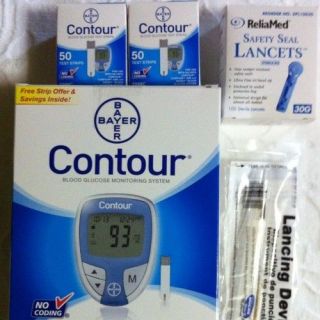 Bayer Contour Blood Glucose,100 Test Strips Free Meter+ Lancets