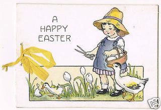 EASTER Girl Holding Basket & Scissors Cutting Duck Eggs On Stems Card