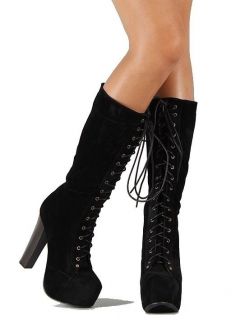BLACK/MOCHA Mid Calf Platform Belted Lace up Boot w/Chunky Heel
