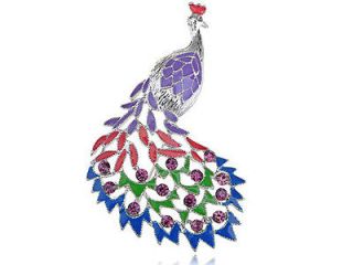 Crystal Colorful Rhinestone Peacock Bird Feather Brooch Costume Pin