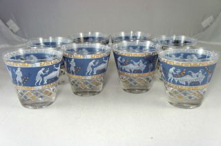 VINTAGE WATER/BRANDY/W HISKEY/SCOTCH 8 GLASSES GREEK KEY,BLUE,WHITE