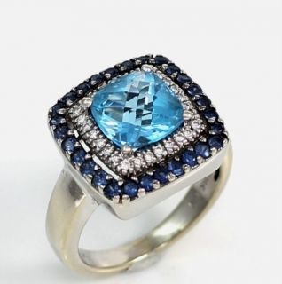 LeVian 14K White Gold Ocean Blue Topaz Sapphire Diamond Ring Size 8.5