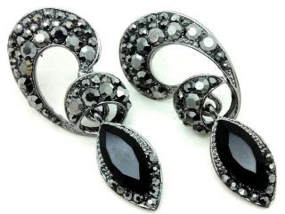 BEAUTIFUL BLACK CRYSTAL AND MARCASITE POST EARRINGS 1 3/4 