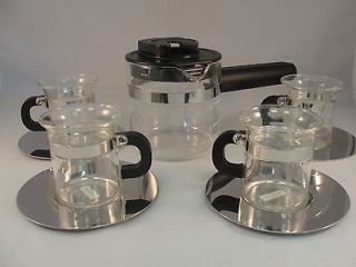 Bodum Espresso Set Lot Clear Glass 4 Coffee Cups Silver Mirror Saucers