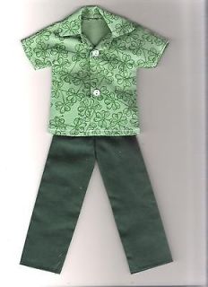 Homemade Doll Clothes Dark Green Pants and Shamrocks Print Shirt fits