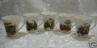 Antique Car Fine Bone China Set of 5 Mugs Cups Crown Staffordshire