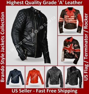 Mens BRANDO Vintage Motorcycle Classic Slim Bikers Leather Jacket