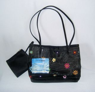 2002 BLACK MESH WITH EMBROIDERED FLOWERS Purse Handbag with pouch NWT