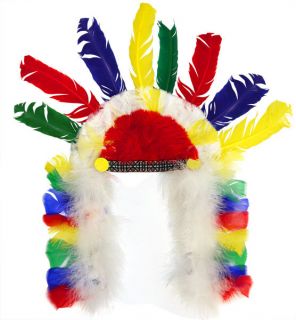 AMERICAN NATIVE INDIAN BRAVE HEAD DRESS MULTI COLOURED FEATHERS ON