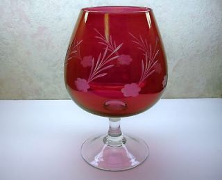 Vintage Tip Jar Brandy Snifter Art Glass Cranberry Etched Floral