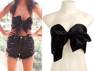 Black Bow Tie Front Silk Satin Cropped Top Bralet Bustier Corset XS