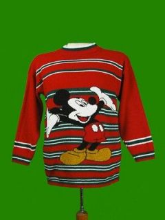 Vtg DISNEY MICKEY MOUSE SWEATER RED & GREEN STRIPE CHRISTMAS COLOR