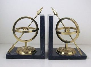 Vintage Brass Armillary Sundial Bookends Marble Bases Sphericle