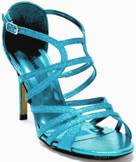 New womens shoes light blue glitter stilettos strappy open toe prom