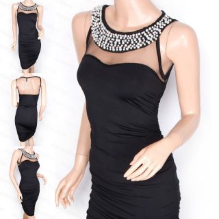 New Elegant Black Faux Pearl Jeweled Fitted Evening Pencil Dress 16
