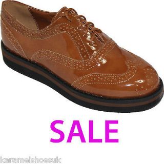 WOMENS BROWN TAN PATENT FLAT LOAFER BROGUE PUMPS SHOES SIZE 3   8