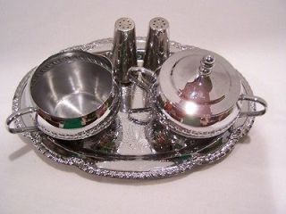 Decorative Tin Tray platter + Creamer & Sugar bowls + salt & pepper