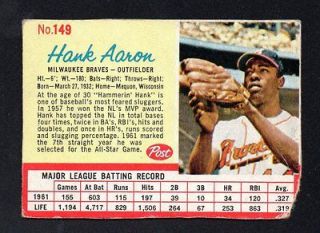HANK AARON braves 1962 POST CEREAL #149