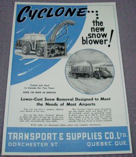 1948 CANADA SNOW BLOWER QUEBEC QC AD CYCLONE TRUCK TRACTOR MOUNTED