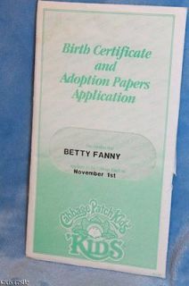 Cabbage Patch Kids Vintage Girl Birth Certificate Betty Fanny 11/1