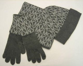 Michael Kors Scarf Hat Gloves 3 Piece MK LOGO Set Charcol Gray