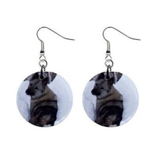 Pair Button Earrings Norwegian Elkhound Puppy Dog in the Snow NEW