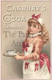 Cadburys Cocoa Girl with Cup & Saucer Antique Lithograph Trade Card