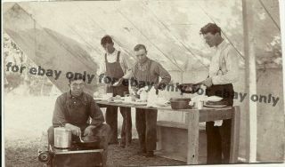 Old Photo of Men Cooking on Portable Gas Stove in Camp Tent 1890s