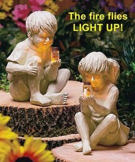 New Garden Statues Girl Boy Decor Solar Fireflies Glow Meditating Cast