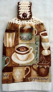 Hand Crocheted Top DOUBLED Terrycloth Dishtowel MOCHA CAFE CAPPUCCINO