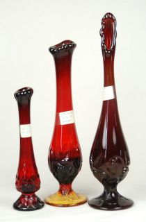 Fenton Art Glass ~ Ruby Red Daisy & Button ~ Inverted Strawberry Vases