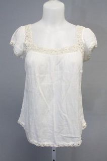 CALYPSO White Cotton Short Sleeve Crochet Trim Shirt Top Sz S