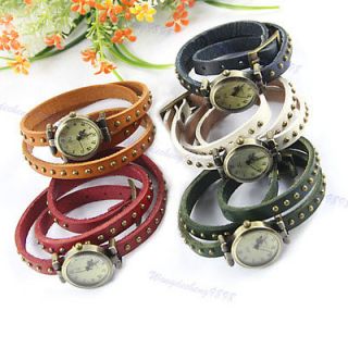 Elegant Rivet Weave Wrap Around Leather Retro Bracelet Wrist Watch