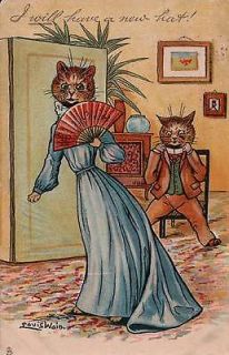 Wain,brown cats, lady in blue gown holding fan wants new hat,man in