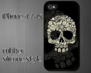 iPhone 4 4s Rubber Silicone Black Case   Hipster Floral Skull Flower