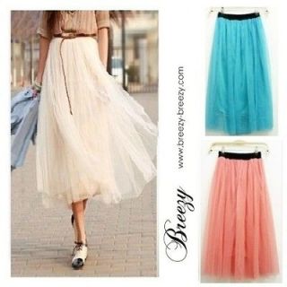 Candy Colors Women Ladies Elastic Pleated Tulle Waistband Mesh Long