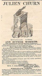 VERY OLD 1869 JULIEN BUTTER CHURN & BUTTER WORKER AD CHAMBERLAIN