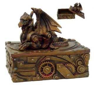 Steampunk Dragon On Gear Jewelry Box Figurine Keepsake Victorian Sci