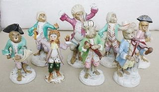 VINTAGE POLYCHROME PAINTED PORCELAIN 8 FIGURINES MONKEY BAND ORCHESTRA