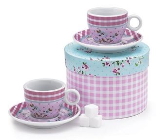 Tea Espresso Cup Caprice Gingham Porcelain Set Saucer Gift Box Pink