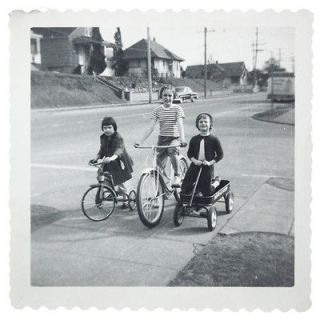 Photo 1950s Boy Girls on Bicycle Wagon Tricycle Young Children