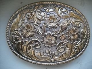 CHAMBERS SILVER + 24K GOLD PLATE BUCKLE NIB LARGE WESTERN FLOWERS AND