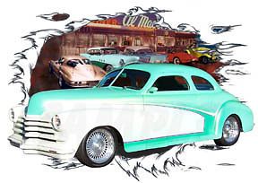 1948 Green Chevy Coupe Custom Hot Rod Diner T Shirt 48, Muscle Car Tee