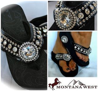 Montana West NEW STYLE Western Bling Flip Flop Wedge Jeweled Black
