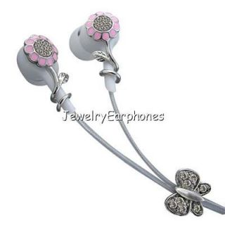 Pink Flower Clear Swarovski Crystals Jewelry Earbuds Earphones