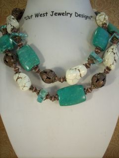 Western Cowgirl Necklace Set   Chunky Teal & White Howlite Turquoise